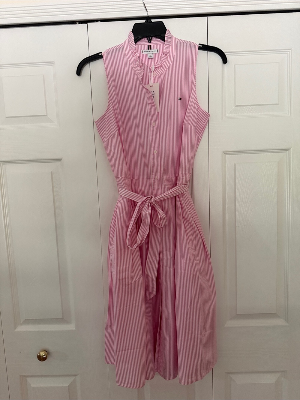 Tommy Hilfiger Pink & White Striped Sleeveless Midi Shirt Dress..size S…nwt